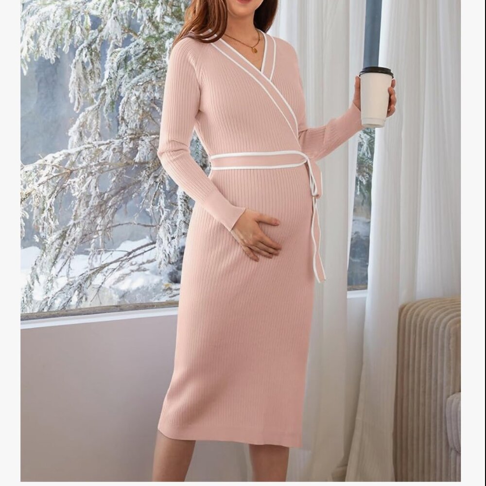 NEW Sealed V for City Maternity Sweater Dress Long Sleeve Wrap V neck Knit Med - Picture 3 of 5